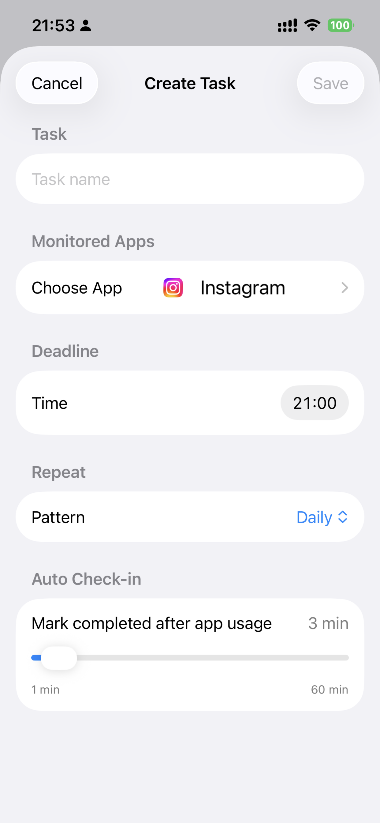 CheckInDuck create task screen