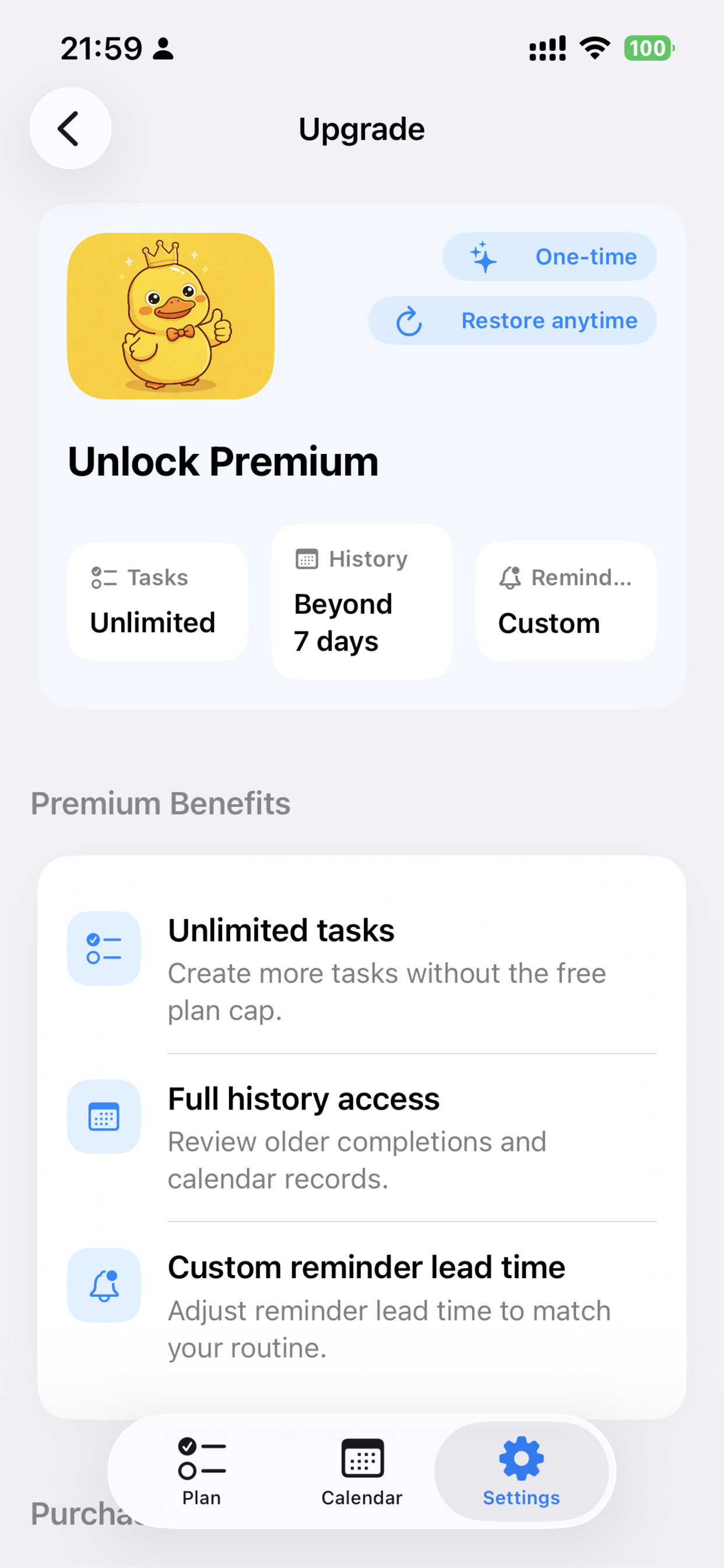 CheckInDuck premium upgrade screen